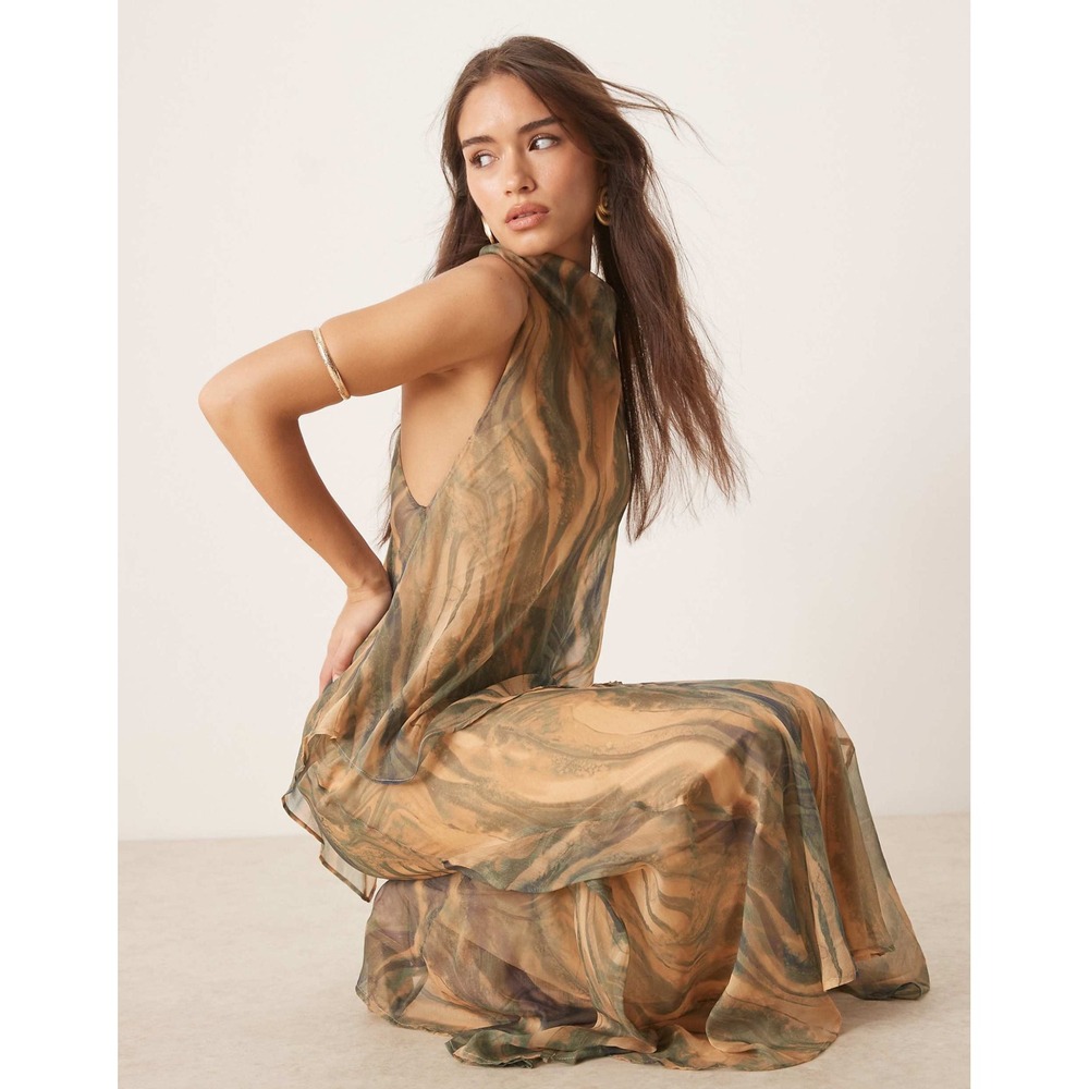 ASOS Chiffon High Neck Double Layer Maxi Dress Marbled Brown Fairy whimsical 12 - Picture 9 of 11
